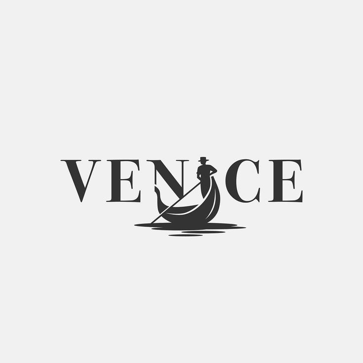 the venice logo is black and white, with a boat in the water behind it