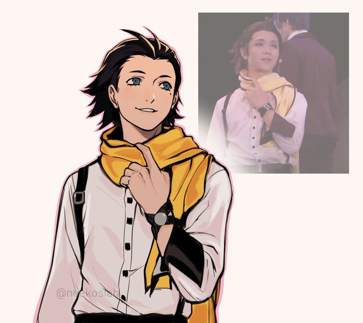 a drawing of a person with a yellow scarf around his neck and wearing a white shirt