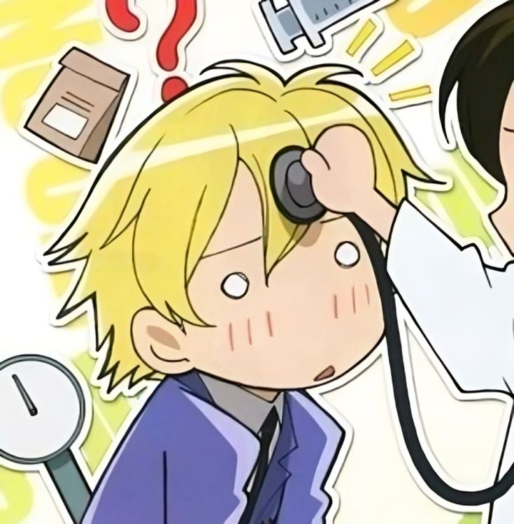 an anime character with a stethoscope on his head looking at another person's eye