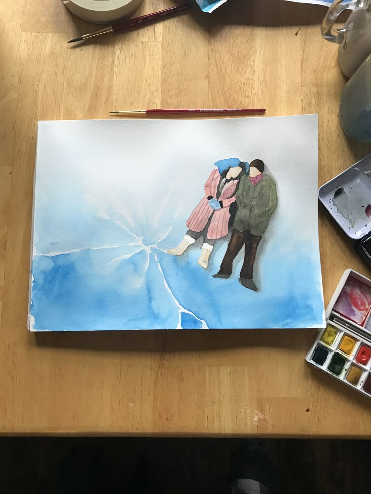 a painting of two people standing next to each other on top of a wooden table