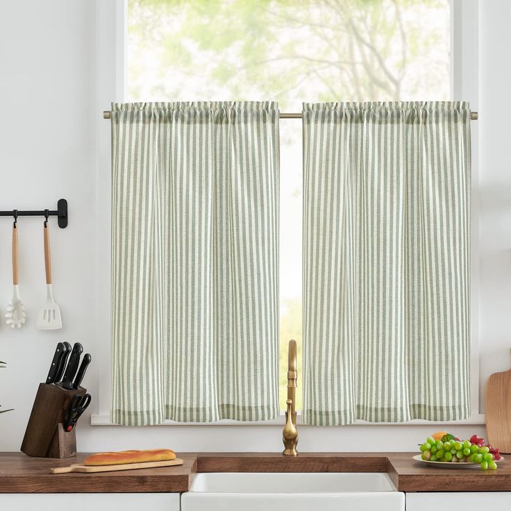 PRICES MAY VARY. Ready Made Curtains: 2 Linen Blend Tier Curtains measuring 26"W x 24"L per piece. These cafe curtains come in a variety of colors that work well for kitchen and living room windows, as well as cabinets. Striped Print Curtains: These half window curtains feature a refreshing vertical stripes design on linen blend fabric, bringing a rustic touch to your window. These cute country curtains can go really well with farmhousedecor. Light Meets Privacy: These semi sheer tier curtains g Half Window Curtains, Rustic Curtain Rods, Cafe Curtain Rods, Small Curtains, Bathroom Farmhouse, Small Window Curtains, Kitchen Curtain Sets, Tier Curtains, Farmhouse Curtains