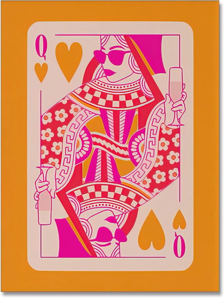 a pink and orange playing card with an image of a queen holding a glass in her hand