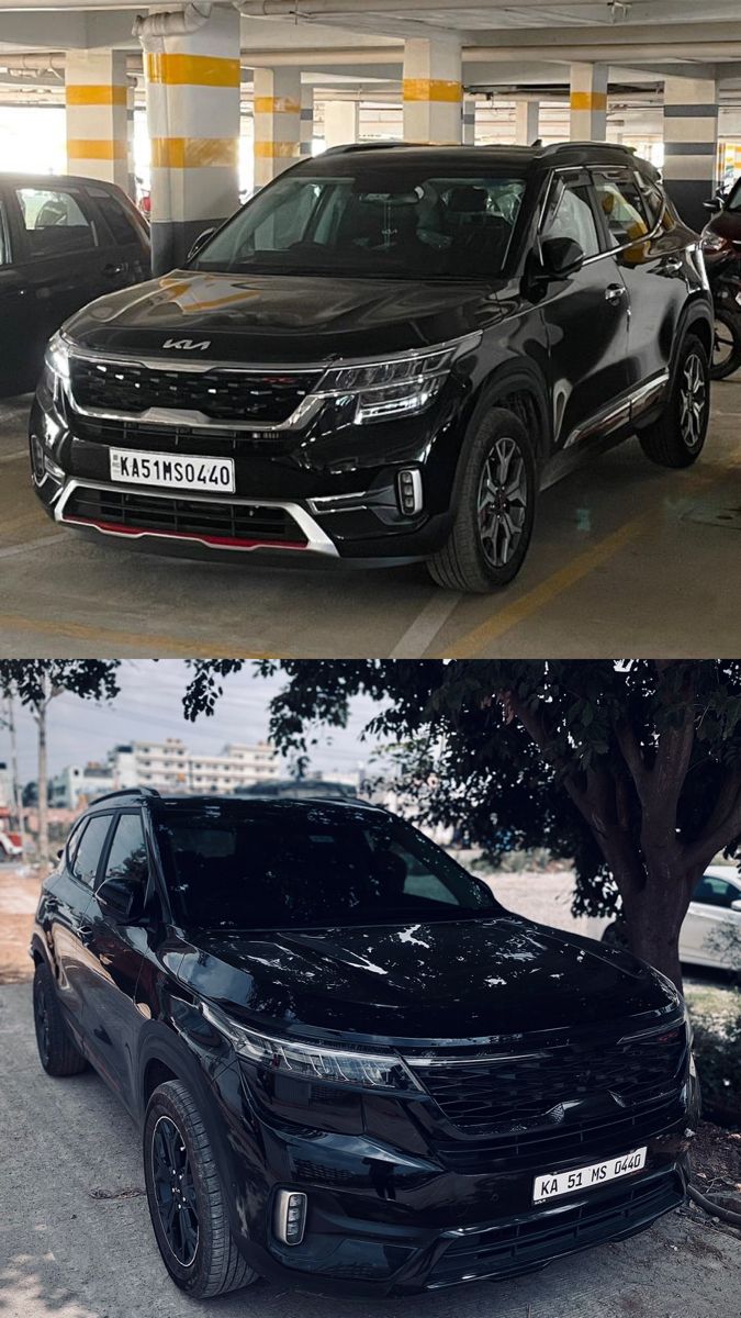 two different cars parked next to each other in a parking lot and one is black