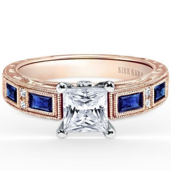 Kirk Kara Charlotte Blue Sapphire Baguette Diamond Engagement Ring Featuring 0.75 Carats Blue Sapphires Baguettes and 0.09 Total Weight Round Diamonds Item can be viewed prior to purchasing under no obligation to buy Center diamond & wedding band sold separately Ring can be made to accommodate any size or shape diamond. Shown with a 1.00 carat princess cut diamond (approx 6.5mm) Available in 14K & 18K white, yellow and rose gold. Also available in platinum Diamonds are VS2-S11 clarity and G/H co Baguette Engagement Ring, Diamond Sapphire Engagement Ring, Jewelry Appraisal, Sapphire Engagement Ring Blue, Blue Sapphire Diamond, Womens Wedding Bands, Shop Engagement Rings, Baguette Cut, Sapphire Engagement