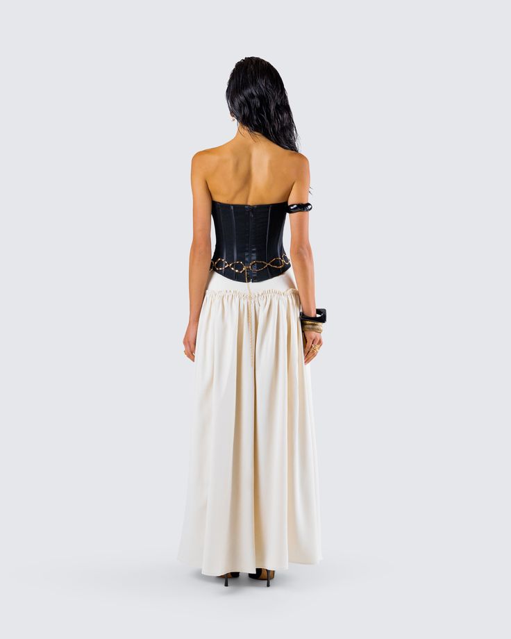 Give them something to remember in this chic and classy three-piece set 🖤 Pairing a black mesh corset top with a cream ruched maxi skirt and a gold chain metal belt - this fit will have their eyes locked on you 🤩 Elegant Corset Belt With Boned Bodice For Costume Party, Elegant Overbust Corset Belt For Costume Party, Elegant Corset Belt With Corset Back For Costume Party, Elegant Underbust Corset Belt For Evening, Elegant Party Corset Belt With Boned Bodice, Elegant Boned Bodice Corset Belt, Elegant Summer Corset Belt With Boned Bodice, Elegant Boned Bodice Corset Belt For Summer, Elegant Boned Bodice Corset Belt For Evening