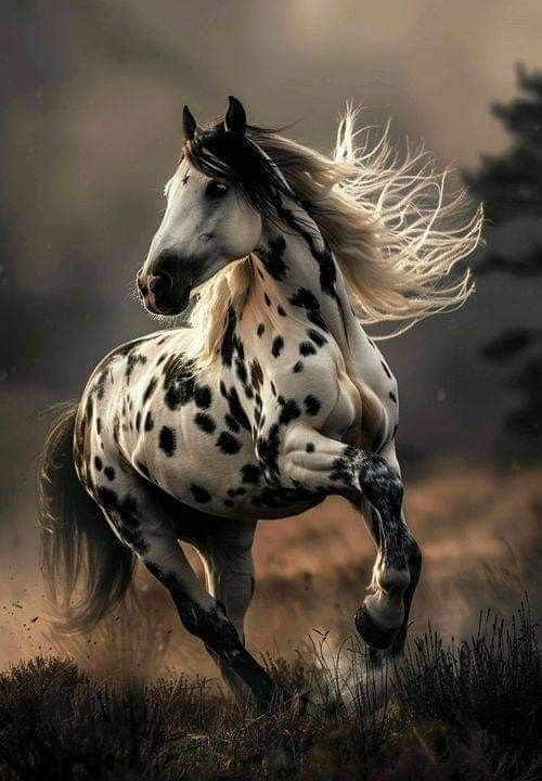 a black and white spotted horse running in the grass with its hair blowing in the wind