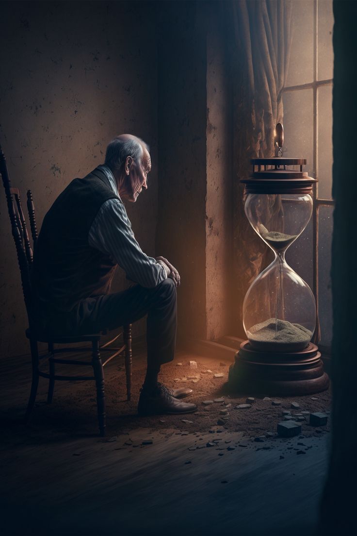 an old man sitting in a chair next to an hourglass