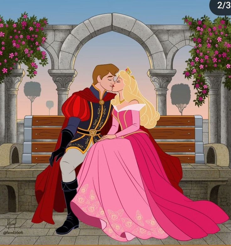 a man and woman dressed as princesses kissing in front of a bench with flowers