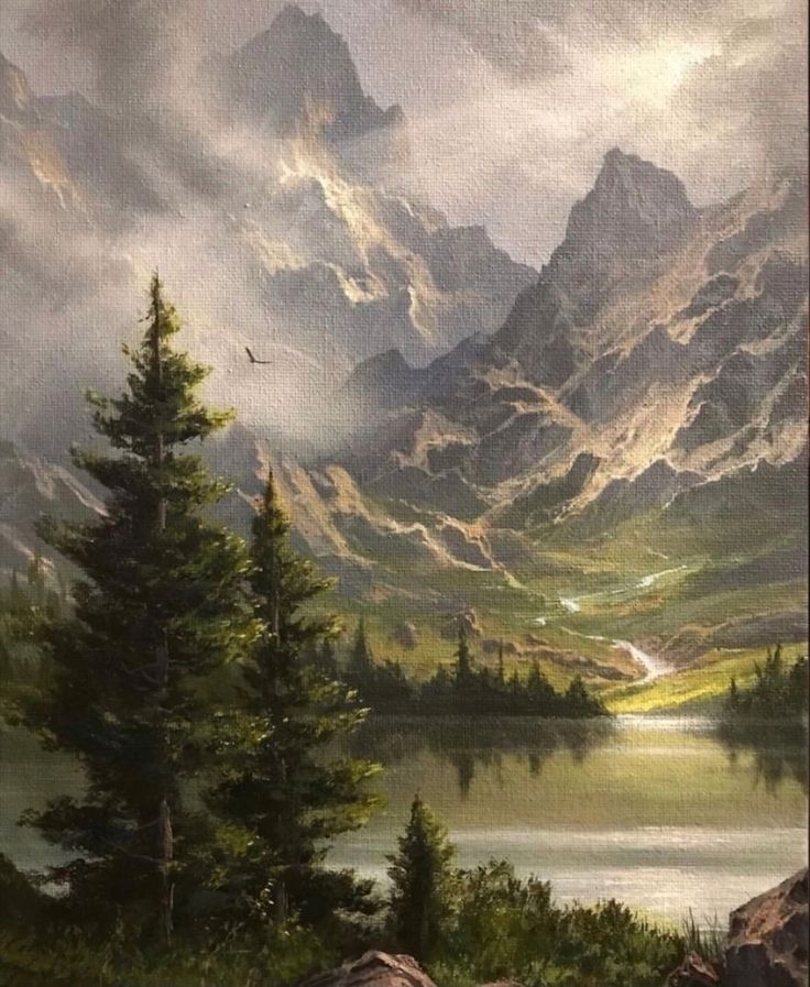 an oil painting of mountains and trees in the foreground with a lake below it