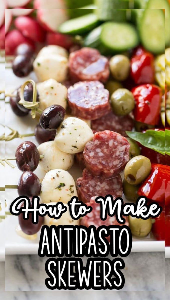 an assortment of skewers with the title how to make antipasto skewers