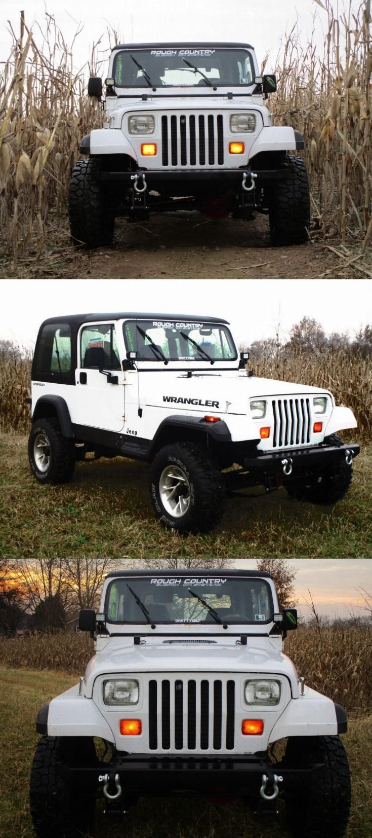 two pictures of the front and rear views of a white jeep in a corn field