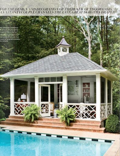 an outdoor gazebo next to a swimming pool with steps leading up to the porch