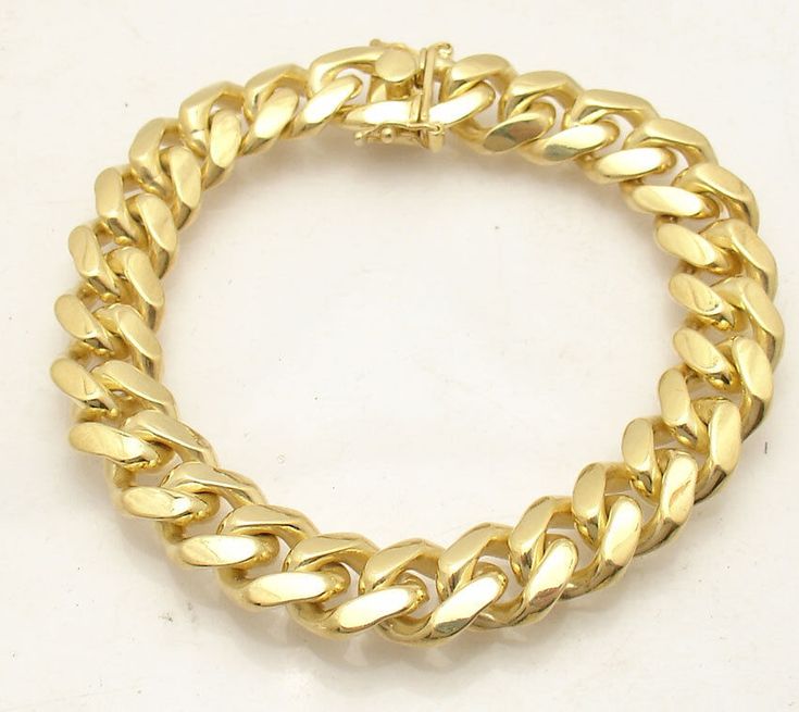 Solid Italian Miami Cuban Bracelet Double Lock 14K Yellow Gold Clad Silver  Metal Condition Finish Avg. Weight Width Length Clasp Retail Price Real Sterling Silver 925 (Stamped 925)  Brand New Polished 68.80 grams 12.30mm ~ 1/2" 8" Box Lock Clasp $949.95 Solid Miami Cuban Italian made Tightly woven Vermeil Sterling Silver  Double Lock Clasp Thinner and thicker version of this bracelet is listed in our store as well. Self-decorating is serious business. Get to task when you wrap your wrist in thi Cuban Bracelet, Double Lock, Miami Cuban, Gold Bracelet For Women, Bracelet Ideas, Fine Jewelry Bracelets, Yellow Gold Bracelet, Bracelets And Charms, Gold Plated Silver