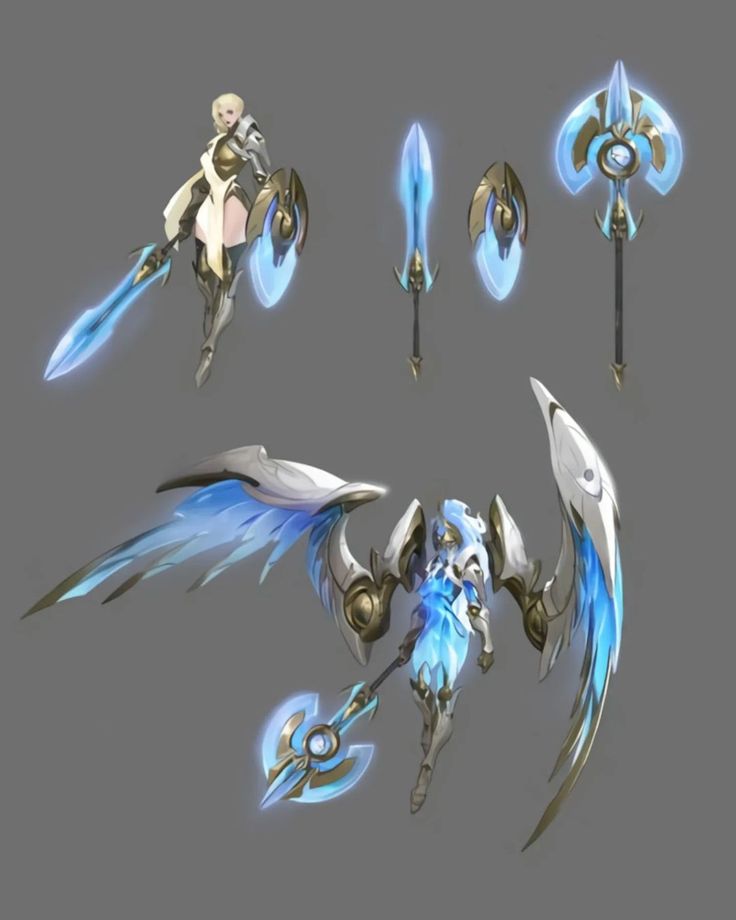 the concept art for an upcoming mobile game is shown in blue and white colors, including wings