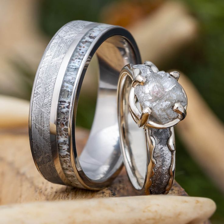 Matching His and Hers Meteorite Ring Set His And Her Rings Wedding, Nordic Engagement Ring, Men’s Wedding Bands Meteorite, Dream Jewelry Rings, Unique Wedding Rings White Gold, Cowgirl Wedding Ring, Engagement And Wedding Ring Sets Unique, Country Wedding Bands, Unique Matching Wedding Rings