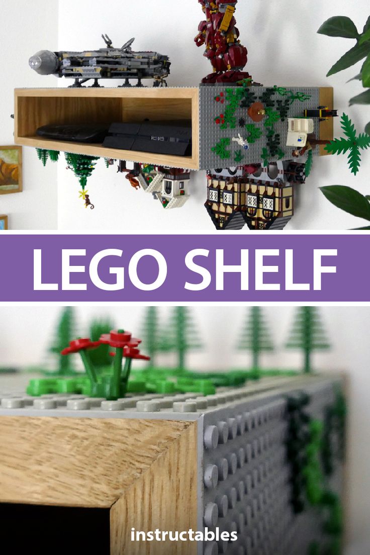 the lego shelf is made out of wood and has plants on it