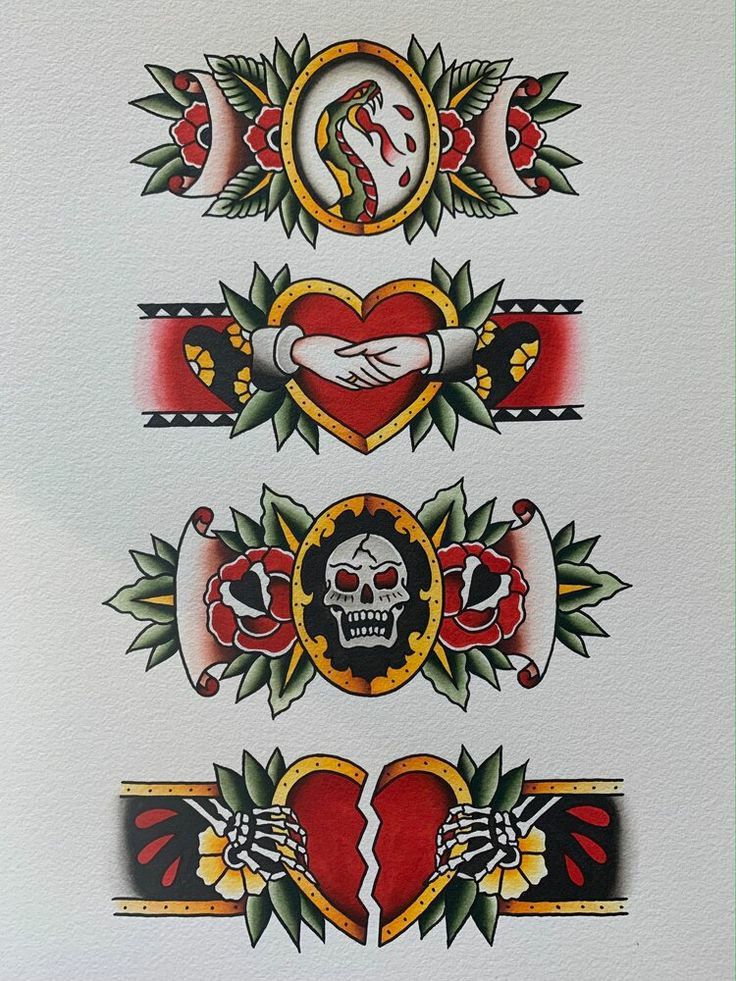 some tattoos on the side of a white wall with red and yellow designs around them