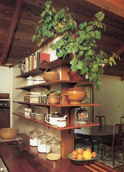 a wooden table topped with lots of shelves filled with books and fruit next to a potted plant