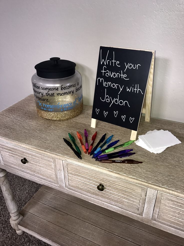 a chalkboard with writing on it next to a jar of colored crayons