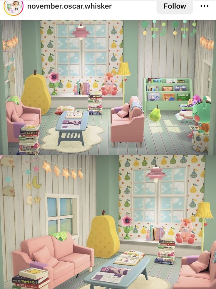 the interior of a dollhouse with furniture and decor in pastel colors, such as pink