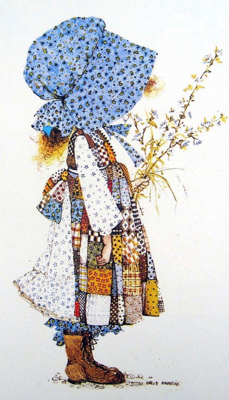 a drawing of a woman with an umbrella and flowers on her head, holding a bouquet