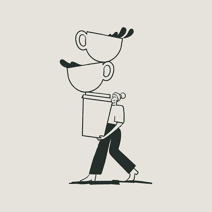 a drawing of a man carrying a coffee cup on his head and looking at the viewer