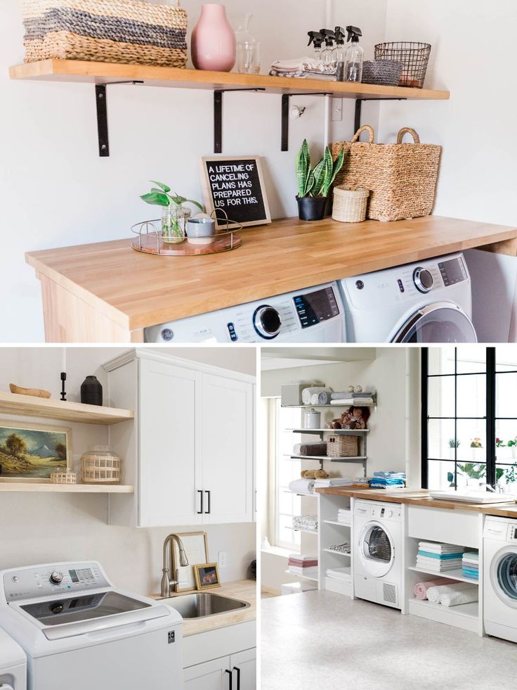 three pictures of laundry room with washer, dryer and shelves on the wall