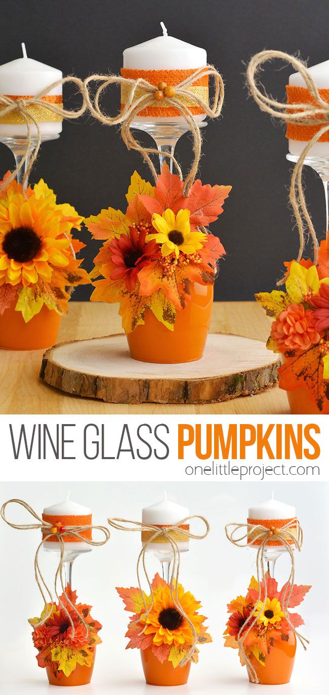 wine glass pumpkins with sunflowers in them and tied to twine candles