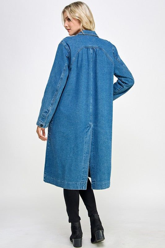 Long denim trench jacket with pockets. 100% Cotton Denim Duster Coat, Denim Duster, Jacket With Pockets, Trench Jacket, How To Feel Beautiful, Free Giveaway, Cotton Shirt, Duster Coat, Mens Jackets