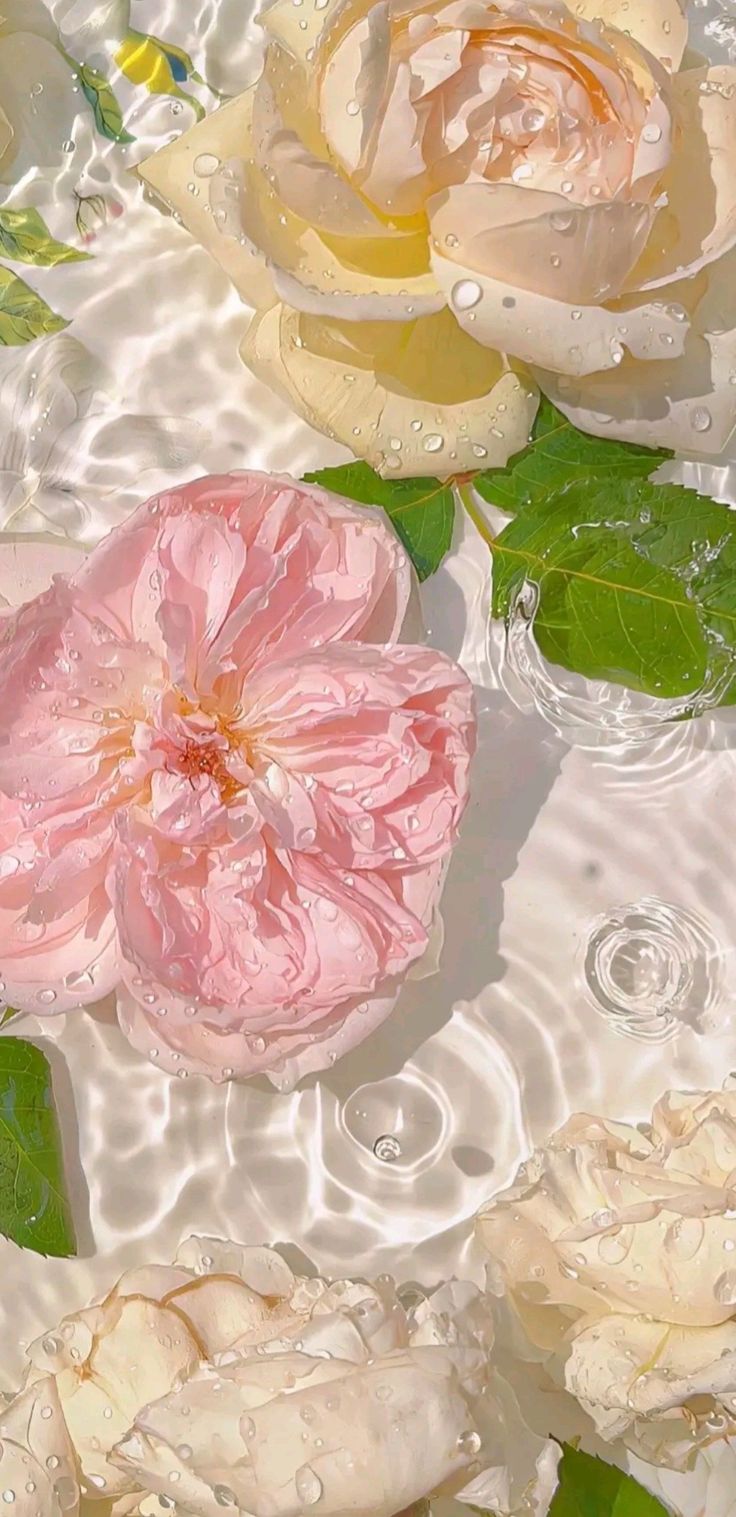 three pink and white roses floating in water with green leaves on the bottom, surrounded by raindrops