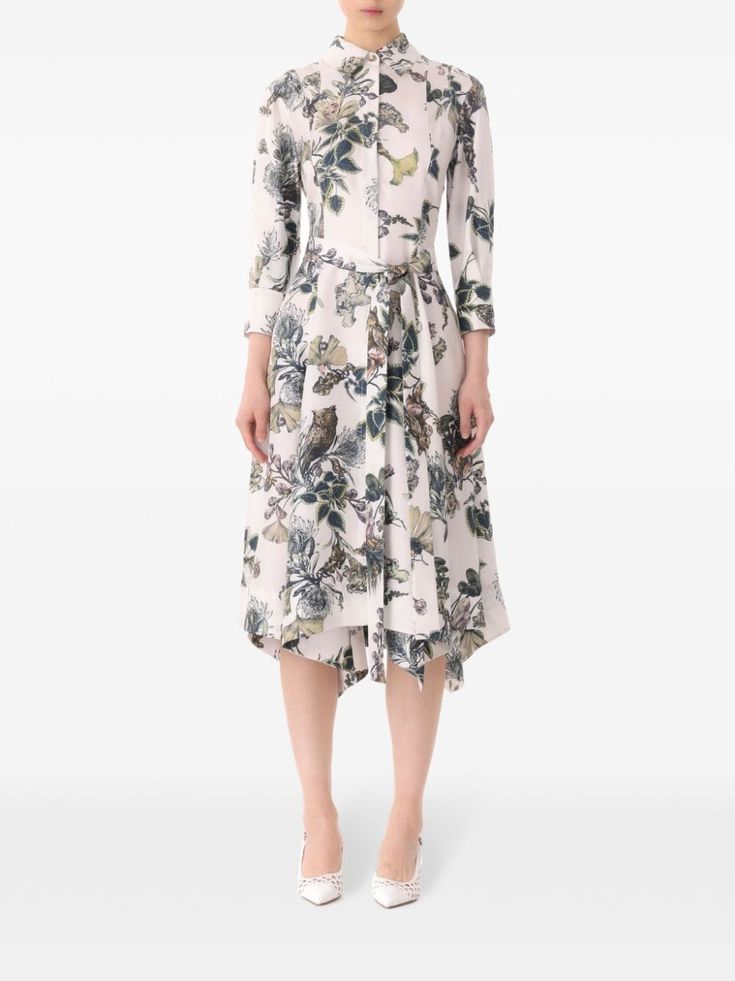 white/multicolour silk twill weave all-over floral print front button fastening spread collar three-quarter length sleeves belted waist pleat detailing buttoned cuffs high-low hem mid-length Printed Silk Shirt, Silk Shirt Dress, Wardrobe Edit, City Dress, Twill Weave, Jason Wu, Silk Twill, Exclusive Fashion, High Low Hem