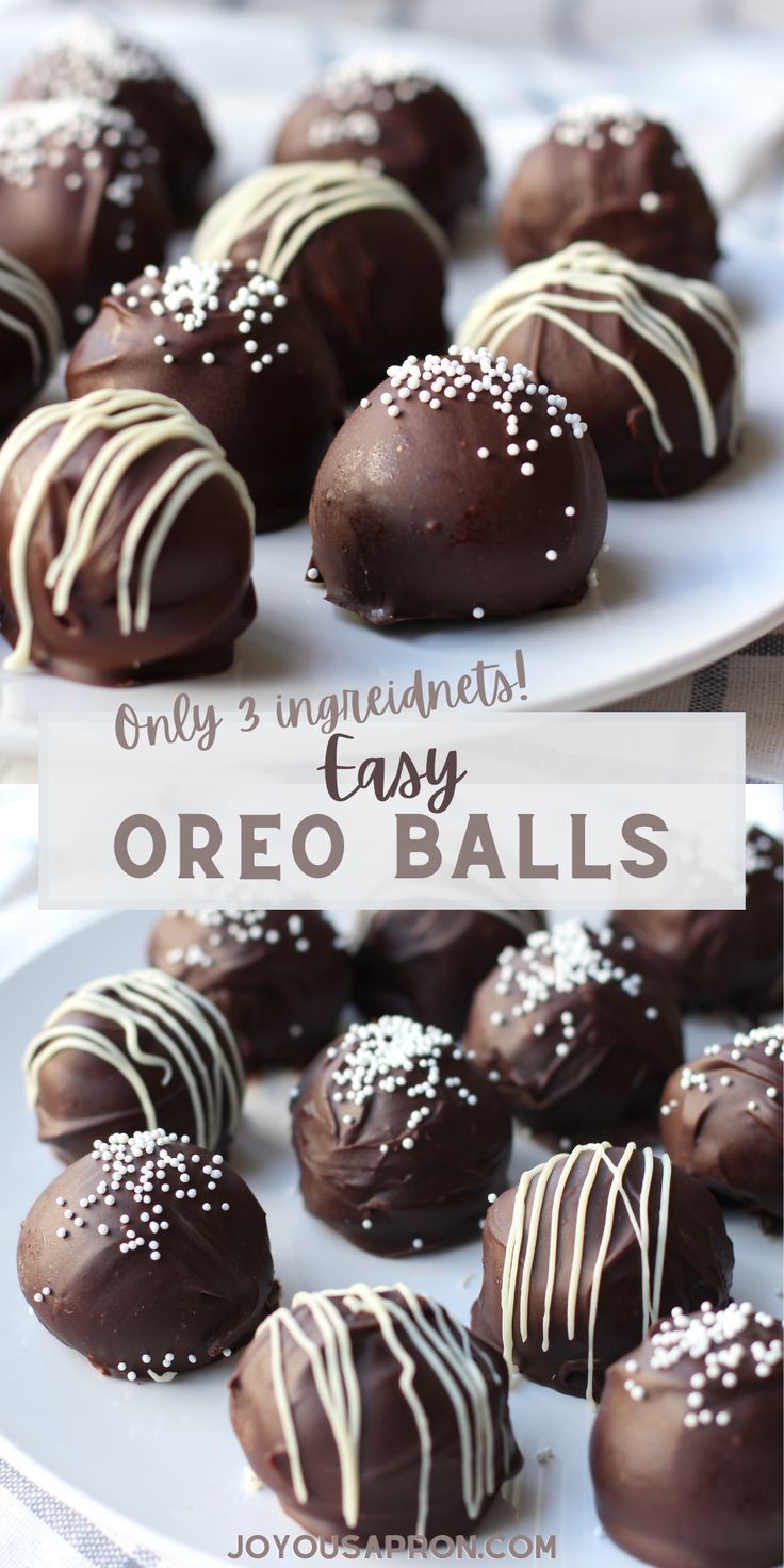 chocolate covered oreo balls on a plate with white sprinkles and text overlay