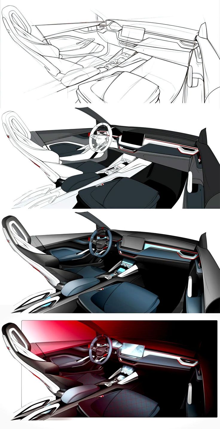 three different views of the interior of a car