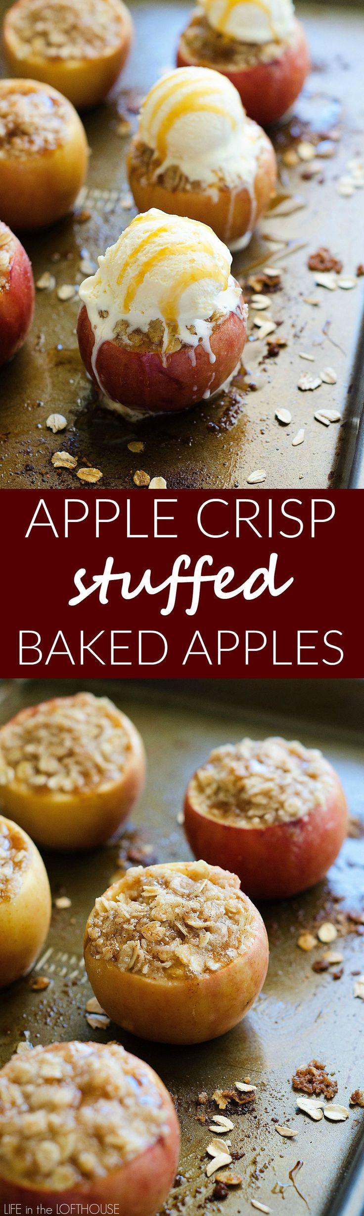 apple crisp stuffed baked apples on a baking sheet with text overlay that reads, apple crisp stuffed baked apples