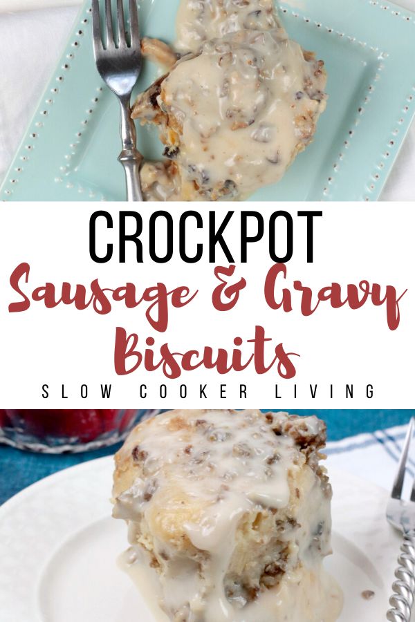 crockpot sausage and gravy biscuits on a white plate with a fork