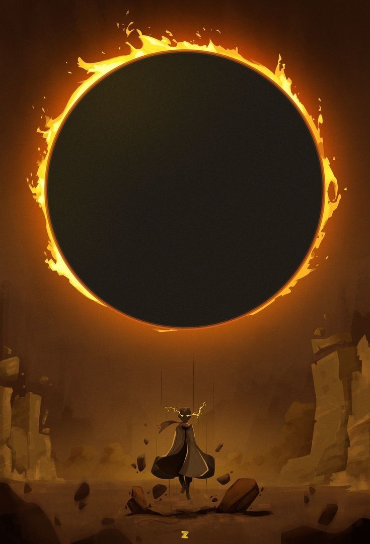 a person standing in front of an eclipse with fire coming out of the sky above them