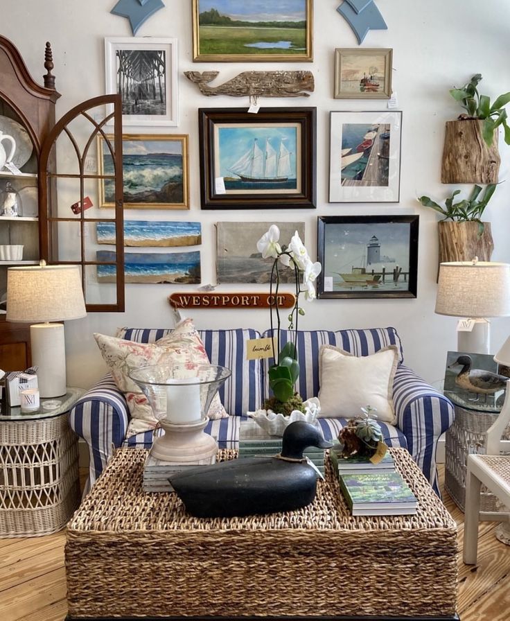 a living room filled with furniture and lots of pictures on the wall above it's coffee table