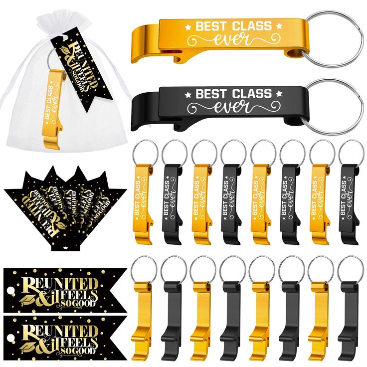 the best class ever graduation party favors and keychains are shown in gold, black, and white