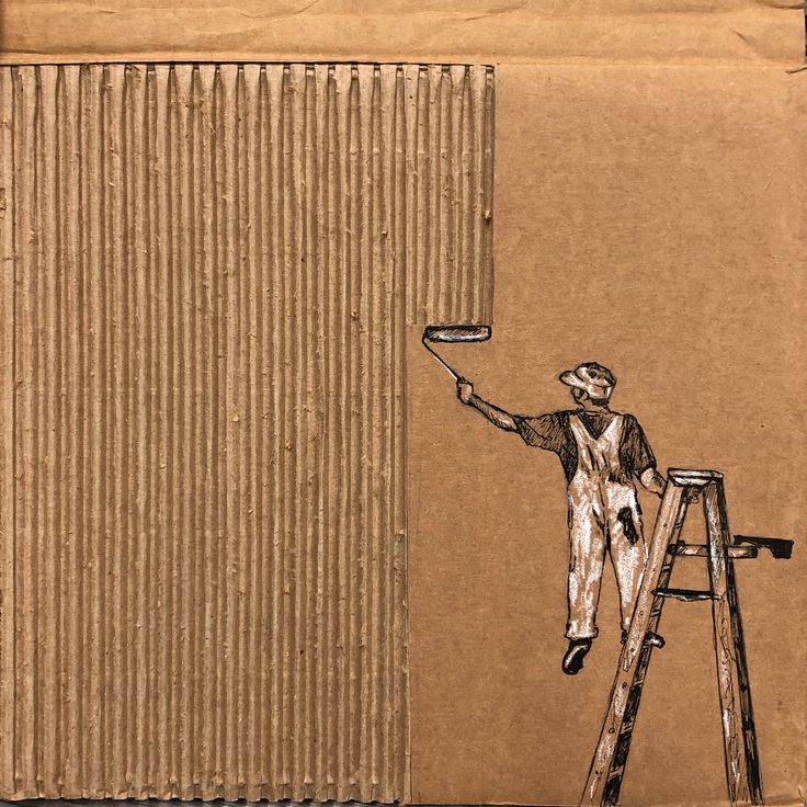 a drawing of a man on a ladder holding a frisbee in his hand