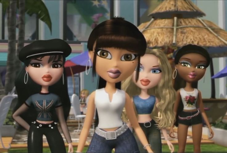 three animated girls standing next to each other in front of a building with palm trees