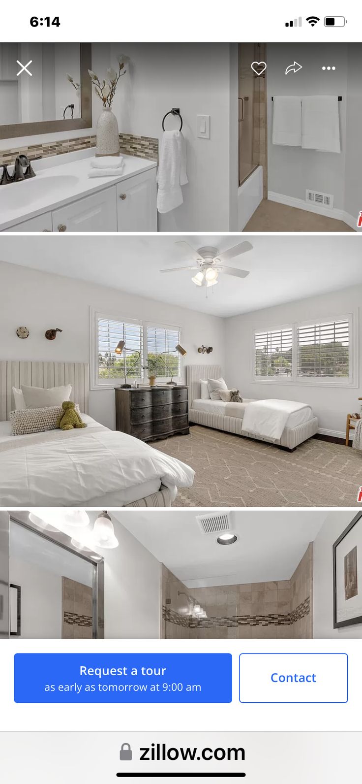 three pictures of a bedroom with white walls and floors