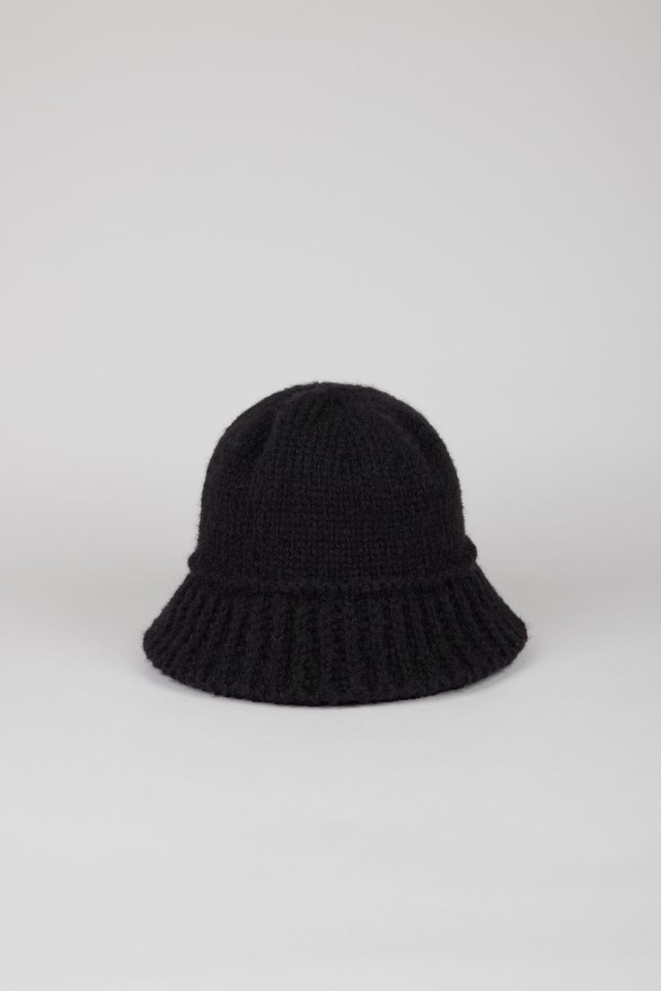 Black knit ribbed trim bucket hat_1 Classic Knit Beanie Hat, Classic Knit Hats For Cold Weather, Ribbed Cap For Cold Weather, Ribbed Knit Hats For Fall, Casual Wool Bucket Hat, Fall Ribbed Knit Hats, Black Ribbed Hats For Cold Weather, Casual Wool Bucket Hat With Curved Brim, Casual Wool Chunky Knit Hat