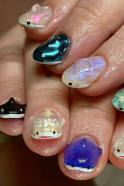 Shark Nail Art, Ocean Nail Ideas, Ocean Nail Art, Ocean Nail, Ocean Nails, Nails Inspired, Pretty Gel Nails, Really Cute Nails, Kawaii Nails