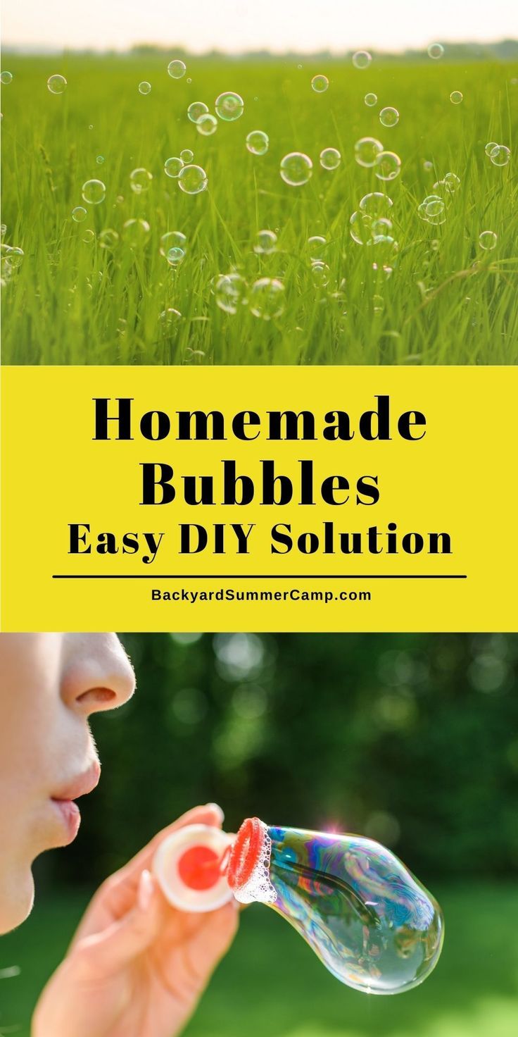 a girl blowing bubbles with the words homemade bubbles easy diy solution in front of her