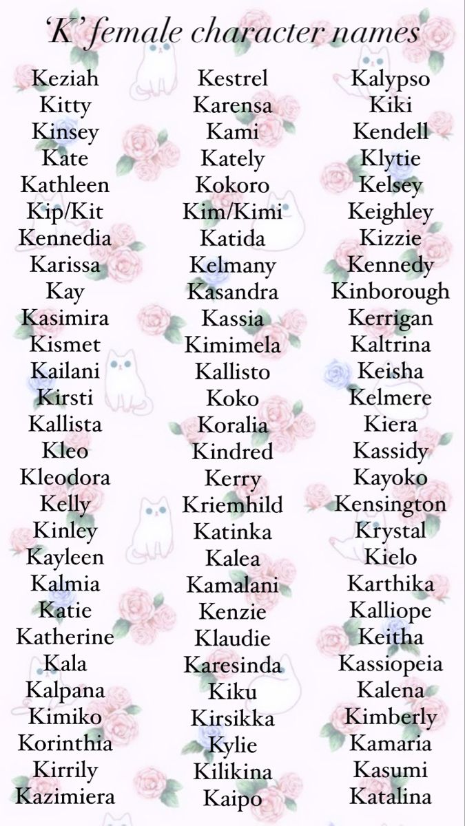 Girl names beginning in the letter ‘k’. Female Last Names, K Names For Girls, Girl Names For Characters, K Names For A Girl, Female Oc Names, Gothic Female Names, Names For Fictional Characters, Cute Female Names, Character Names Girl