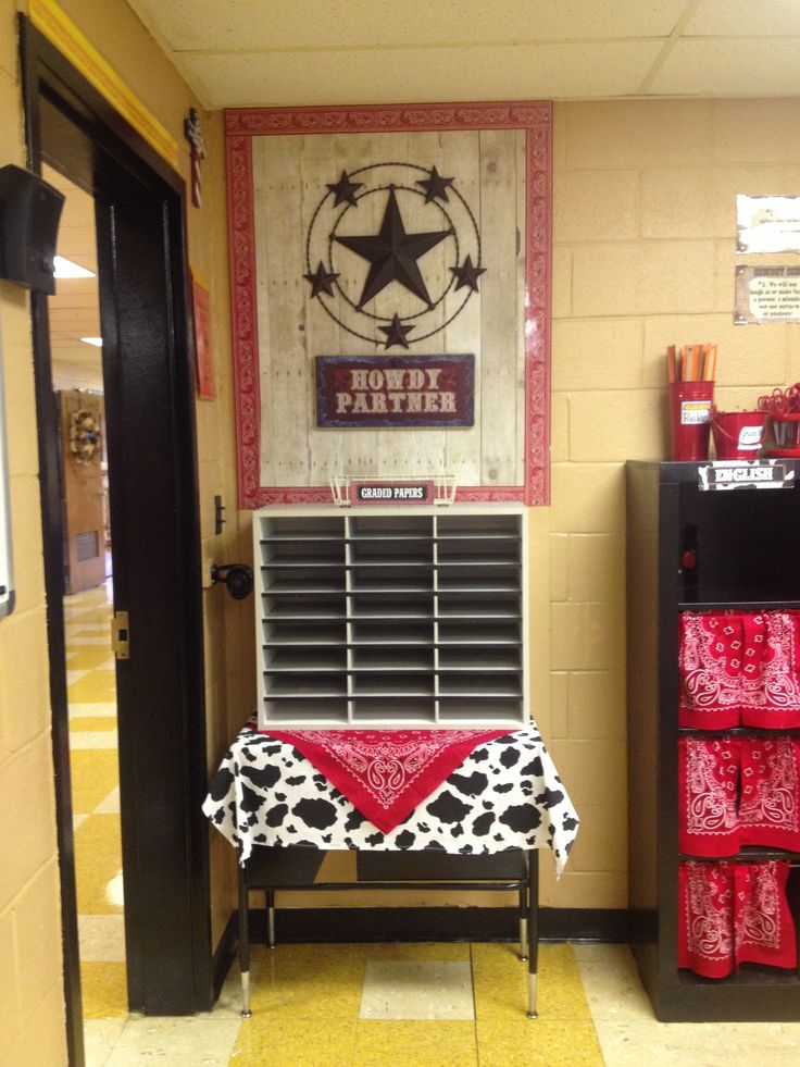 a room that has some items on the table in front of it and a cowboy themed bench