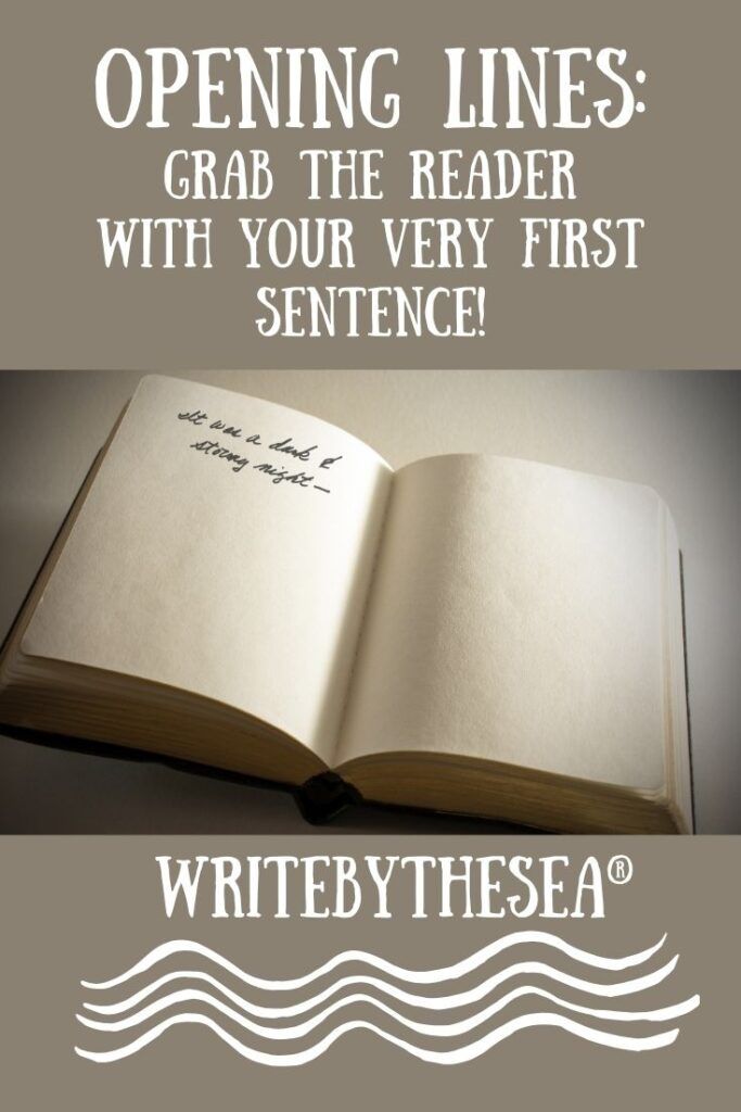 an open book with the words opening lines grab the reader with your very first sentence