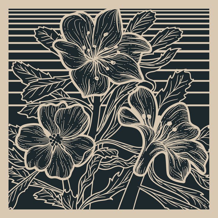 three flowers on a black and white striped background