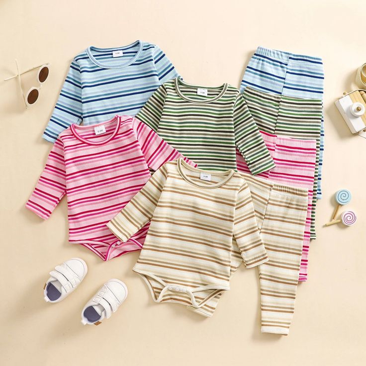 Includes: Onesie & PantsMaterial: Cotton BlendGender: Boys & GirlsPattern: StripesSleeve Length: LongSummary: Baby Toddler Long Sleeve Striped Ribbed Onesie with Matching Pants 2 Piece Outfit Set Stretch Long Sleeve Playtime Set, Stretch Long Sleeve Sets For Playtime, Striped Fitted Long Sleeve Sets, Multicolor Long Sleeve Playtime Sets, 2 Piece Outfit Set, Girls Fall Outfits, Autumn Clothes