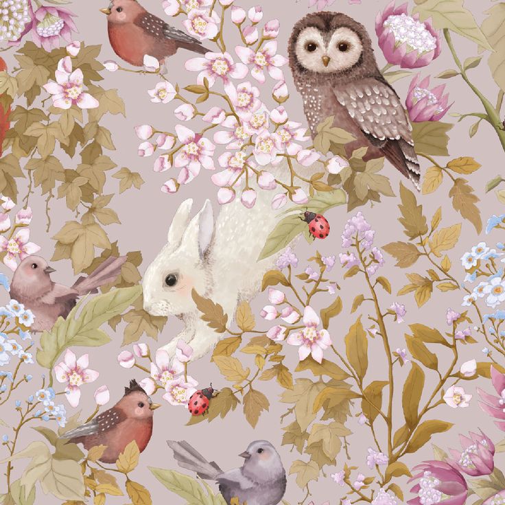 an image of birds and flowers on a wallpaper design with owls, rabbits, and ladybugs